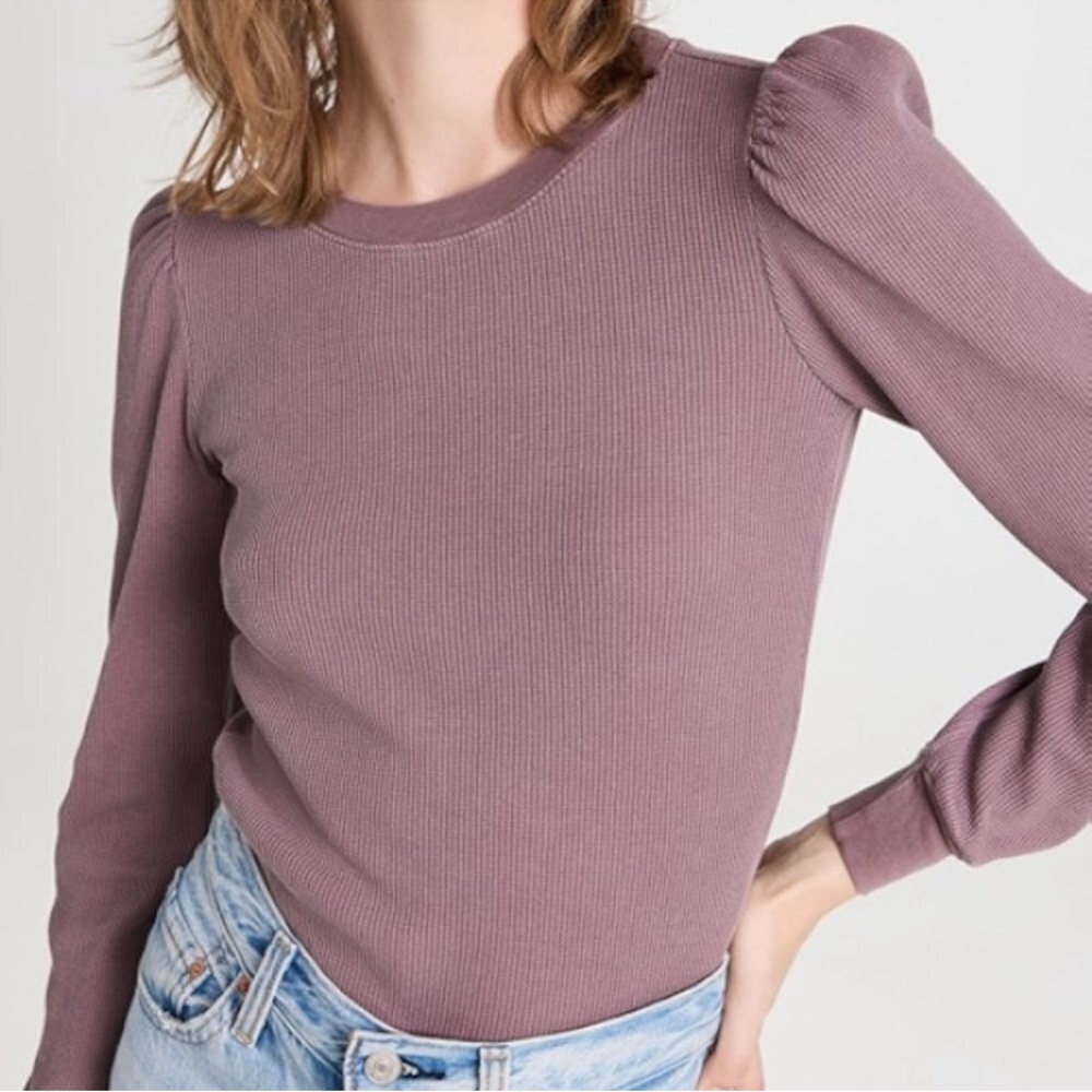 AMO Girly Thermal Long Puff Sleeve Top Waffle Knit Bloodstone Purple Size Large
